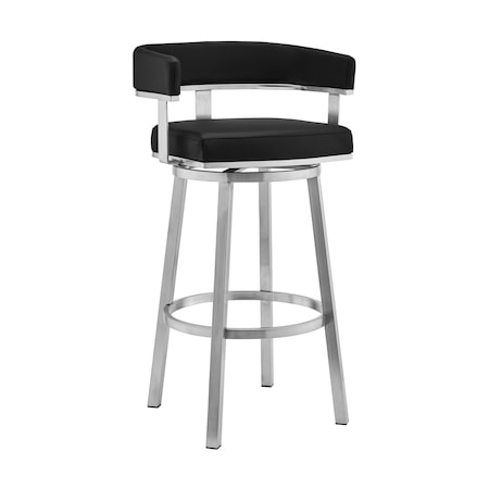 Armen Living Lorin 26" Black Faux Leather and Brushed Stainless Steel Swivel Bar Stool LCLRBABSBL26
